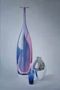 blauw/roze glas met zilvervaasje door Geus Coren